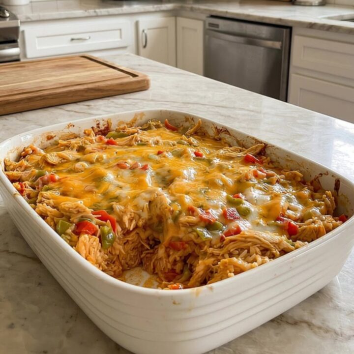 A steaming fajita chicken casserole in a white ribbed baking dish, topped with bubbly melted cheddar cheese.