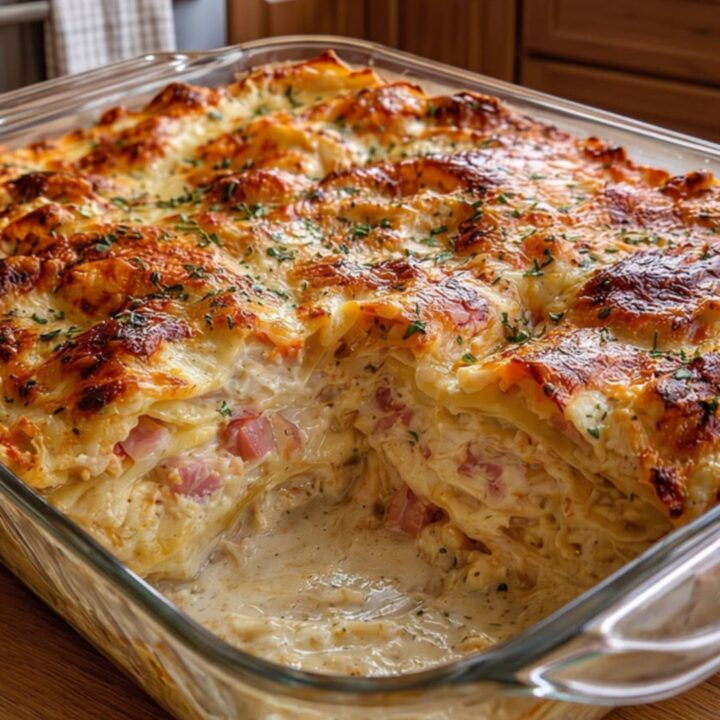 A steaming square of Chicken Cordon Bleu Lasagna on a white plate with visible layers of cheese and ham.
