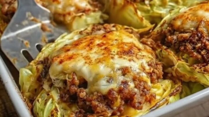 A cheesy ground beef stuffed cabbage wedge in a ceramic dish, showing melted cheese and steam.