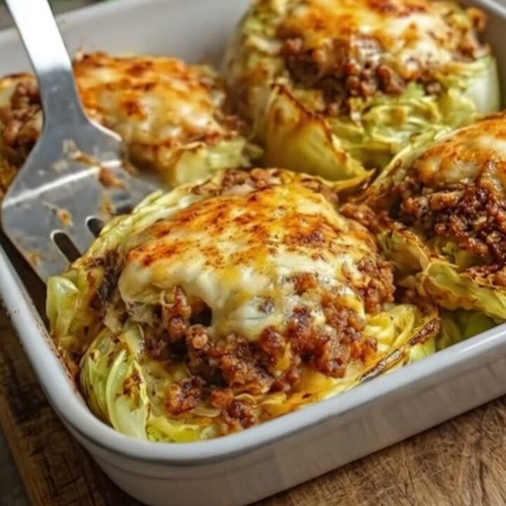 A cheesy ground beef stuffed cabbage wedge in a ceramic dish, showing melted cheese and steam.