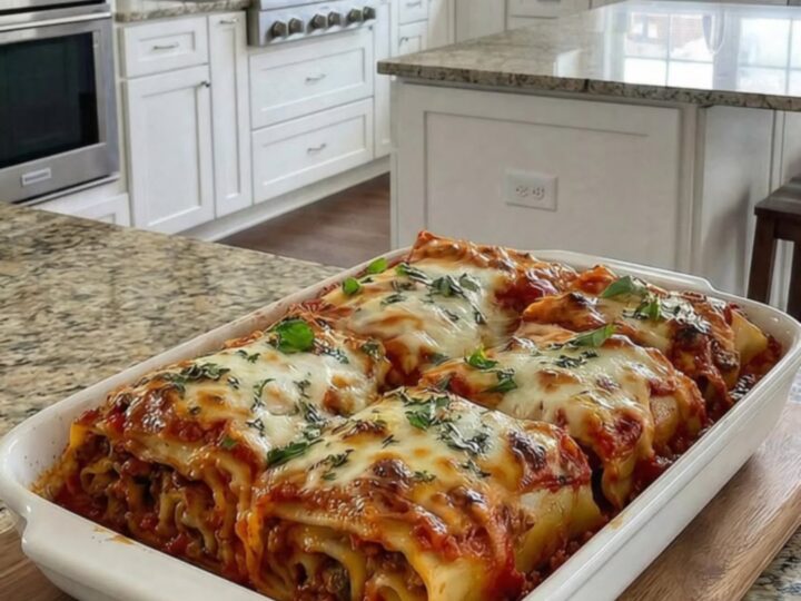 A steaming, freshly baked beef lasagna in a white dish with a rich meat sauce and melted cheese.