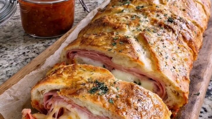 A golden-brown ham and cheese stromboli resting on a wooden board with a slice being lifted.