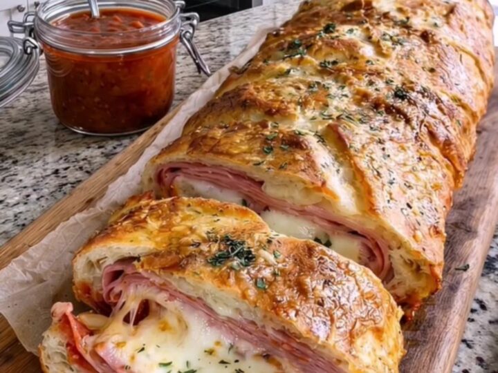 A golden-brown ham and cheese stromboli resting on a wooden board with a slice being lifted.