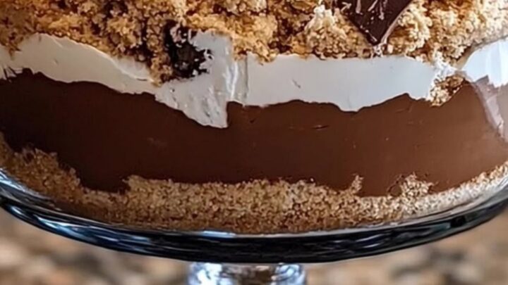 A glass trifle dish filled with beautiful, distinct layers of chocolate pudding, cream, and graham cracker crumbs.