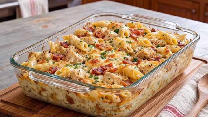A warm, cheesy chicken bacon ranch pasta bake in a glass dish with steam rising.