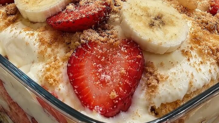 A clear glass dish filled with beautiful layers of creamy pudding, sliced bananas, and fresh strawberries