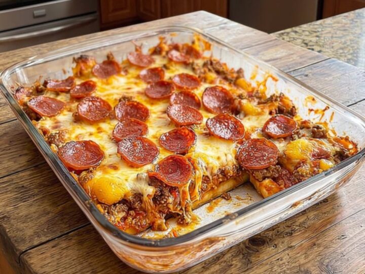 A golden, bubbling meat lovers pizza casserole in a glass dish with a rich cheese pull.
