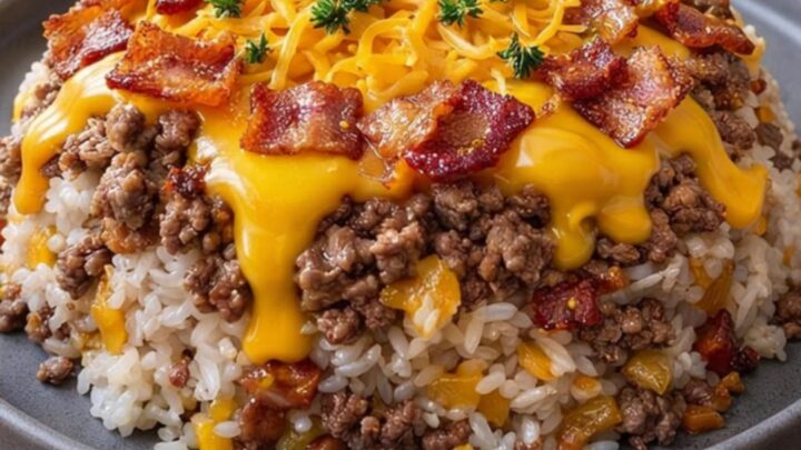 A close-up view of a bacon cheeseburger rice stack with melted cheddar cheese.