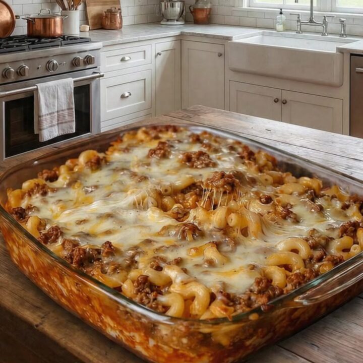 A steaming portion of cheesy hamburger macaroni casserole served on a white plate.