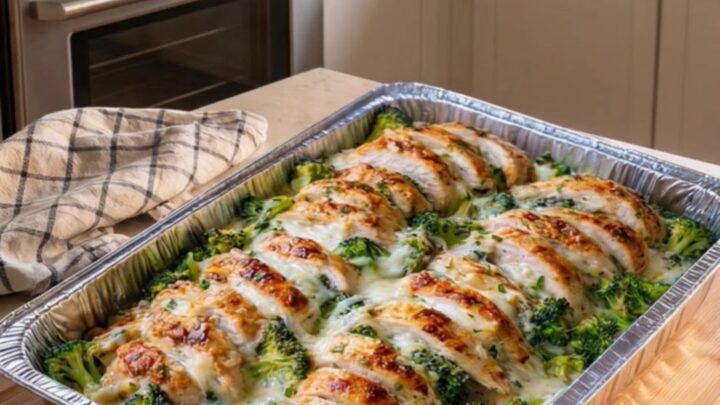 A golden, cheesy chicken and broccoli bake in an aluminum pan with melted mozzarella.