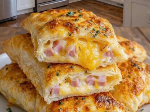 A golden, flaky puff pastry pocket being lifted by tongs with melted cheese stretching.