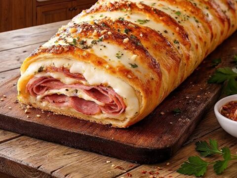 A golden-baked Italian stromboli resting on a wooden board with steam rising from a slice.