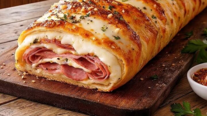 A golden-baked Italian stromboli resting on a wooden board with steam rising from a slice.