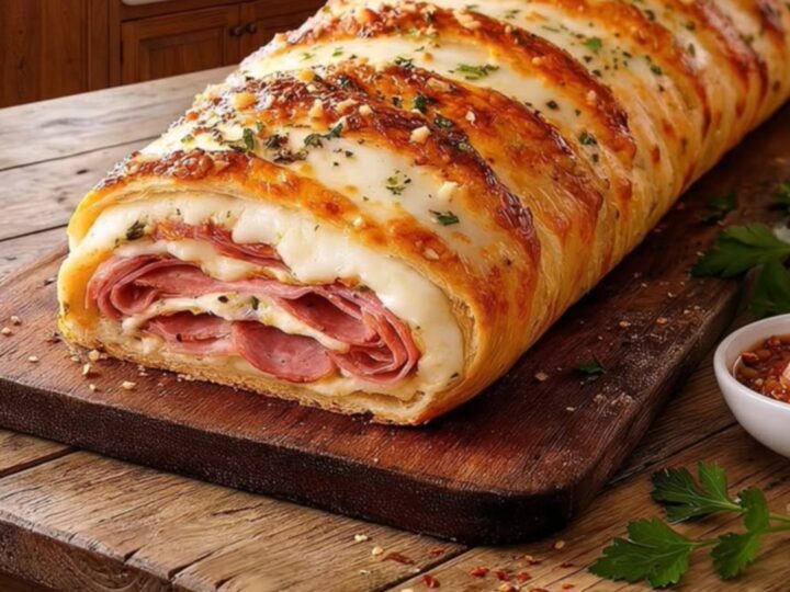 A golden-baked Italian stromboli resting on a wooden board with steam rising from a slice.