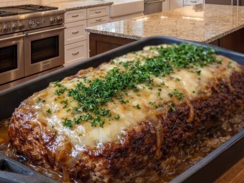 A steaming slice of French Onion Meatloaf topped with melted Gruyère cheese on a plate.