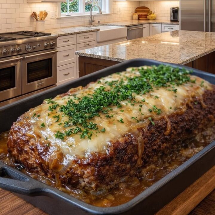 A steaming slice of French Onion Meatloaf topped with melted Gruyère cheese on a plate.