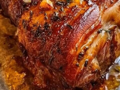 A slow-roasted beef knuckle on parchment paper in a pan, featuring a golden-brown, crispy crackling skin.
