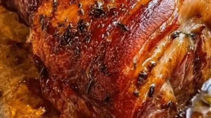 A slow-roasted beef knuckle on parchment paper in a pan, featuring a golden-brown, crispy crackling skin.