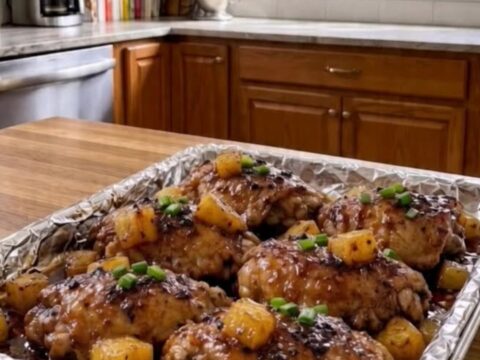 A close-up of golden-brown roasted chicken thighs with pineapple chunks on a baking sheet.