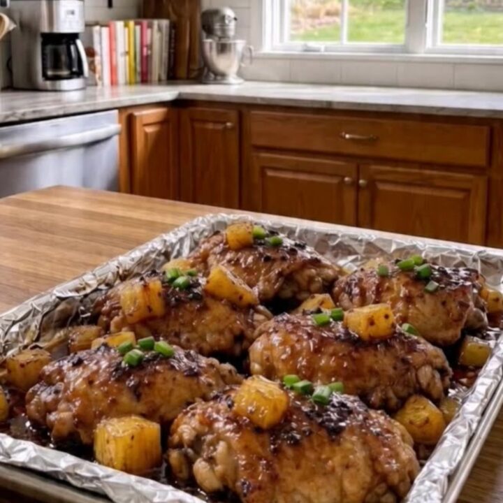 A close-up of golden-brown roasted chicken thighs with pineapple chunks on a baking sheet.