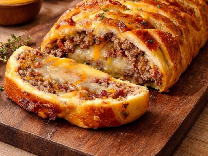 A golden-brown braided bread loaf sitting on a wooden board with melted cheese pulling from a slice.