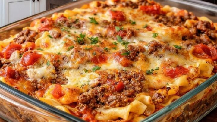 A glass baking dish filled with a cheesy, golden-brown beef Lombardi casserole.