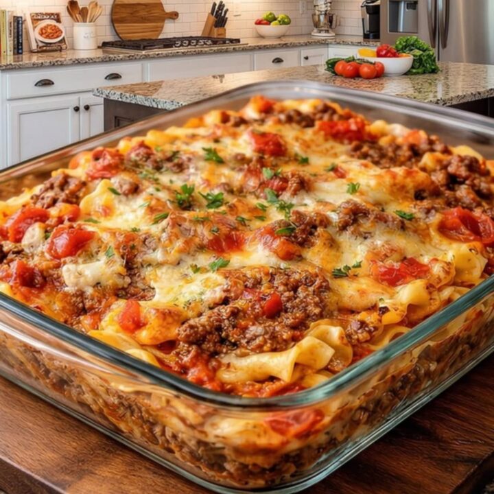 A glass baking dish filled with a cheesy, golden-brown beef Lombardi casserole.