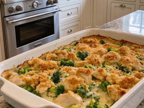 A golden, bubbly broccoli chicken divan in a white baking dish on a granite kitchen counter.
