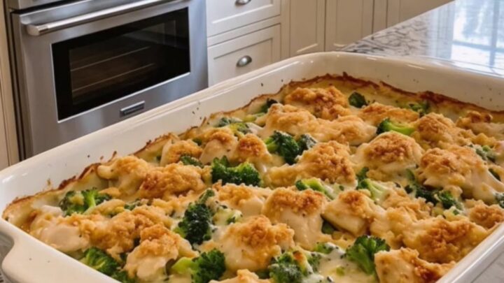 A golden, bubbly broccoli chicken divan in a white baking dish on a granite kitchen counter.