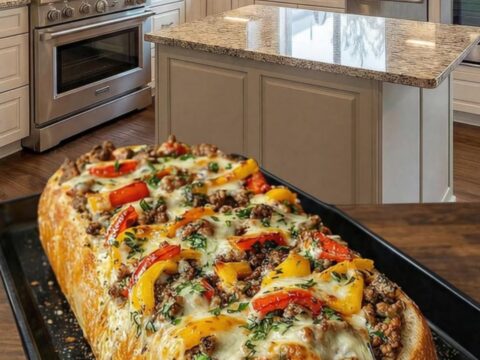 A golden, toasted loaf of French bread stuffed with savory ground beef, colorful bell peppers, and melted