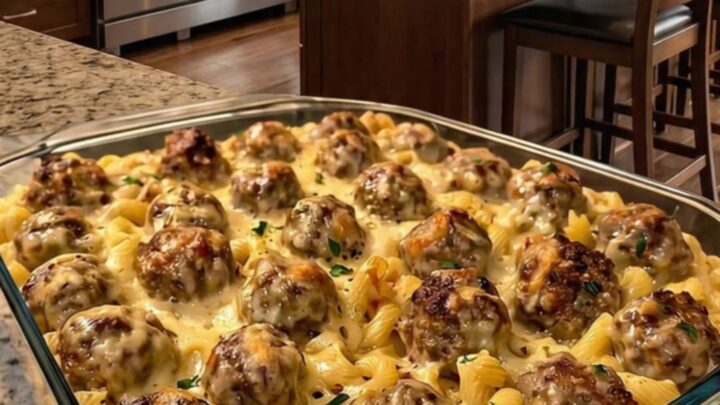 A steaming, creamy Swedish meatball noodle bake in a glass dish on a granite counter.
