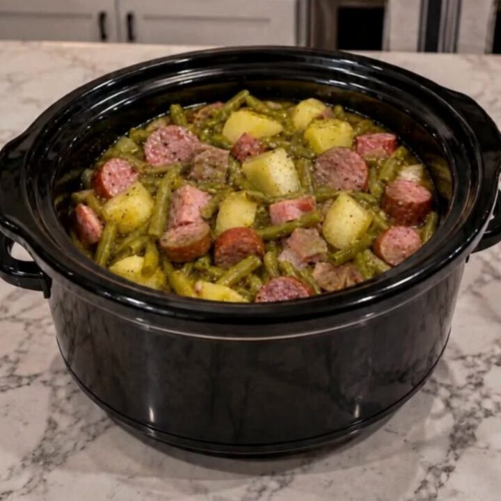 A steaming bowl of slow-cooked green beans, potato chunks, and sliced smoked sausage.