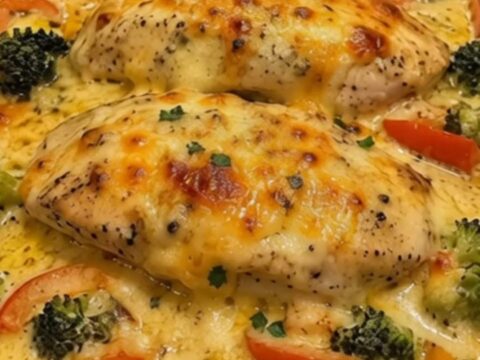 A close-up of a creamy chicken breast topped with melted cheese, broccoli, and peppers in a glass dish.