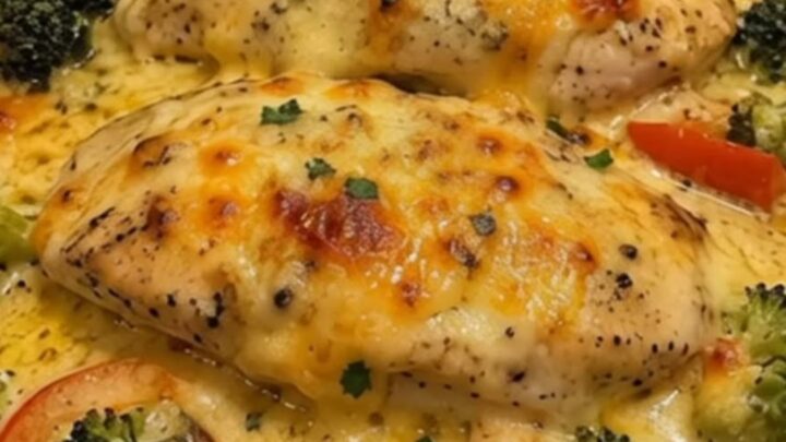 A close-up of a creamy chicken breast topped with melted cheese, broccoli, and peppers in a glass dish.