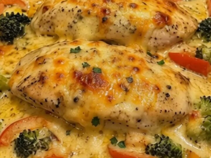 A close-up of a creamy chicken breast topped with melted cheese, broccoli, and peppers in a glass dish.