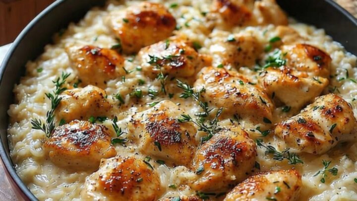 A close-up of creamy parmesan chicken and rice in a red skillet with fresh thyme.