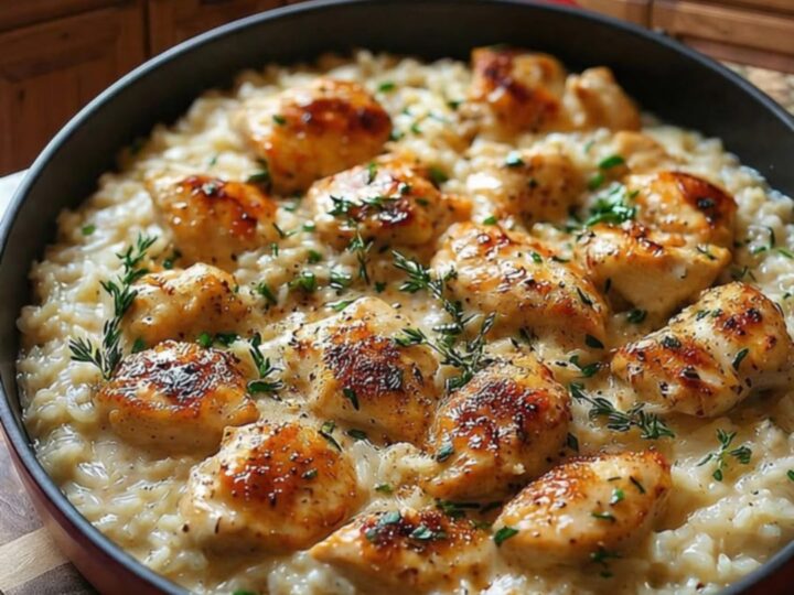 A close-up of creamy parmesan chicken and rice in a red skillet with fresh thyme.