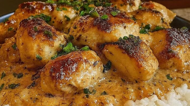 A dark bowl filled with fluffy white rice topped with golden seared chicken pieces drenched in a rich, creamy herb gravy.