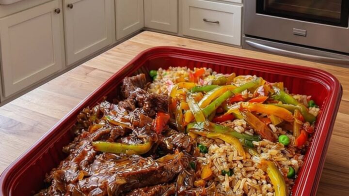 A red rectangular platter featuring glossy pepper steak and colorful vegetable fried rice.
