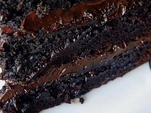 A slice of rich, multi-layered chocolate fudge cake on a white dessert plate with a glossy finish.