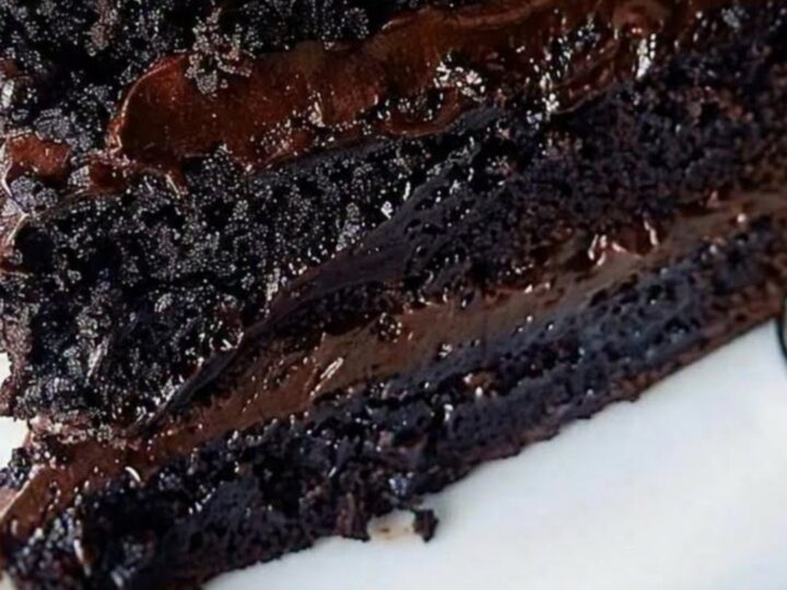 A slice of rich, multi-layered chocolate fudge cake on a white dessert plate with a glossy finish.