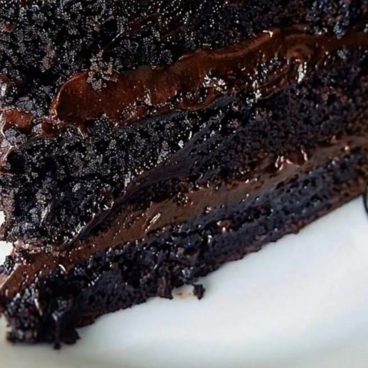 A slice of rich, multi-layered chocolate fudge cake on a white dessert plate with a glossy finish.