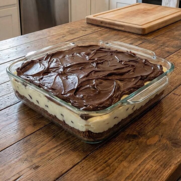 A slice of layered chocolate cream cheese dessert on a white plate with a fork.