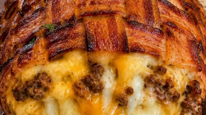 A crispy bacon-wrapped meatloaf on a wooden board, with a slice revealing a molten cheese center.