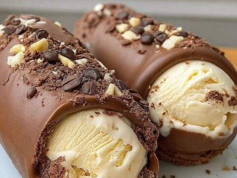 Two chocolate-coated ice cream logs sitting on a wooden counter with a dusting of nuts and shavings.