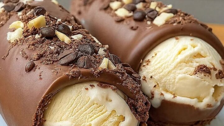 Two chocolate-coated ice cream logs sitting on a wooden counter with a dusting of nuts and shavings.