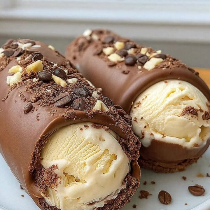Two chocolate-coated ice cream logs sitting on a wooden counter with a dusting of nuts and shavings.