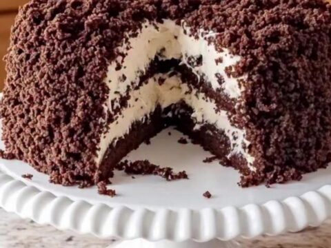A slice of decadent chocolate cake with visible coconut cream filling and a crumble topping on a white stand.