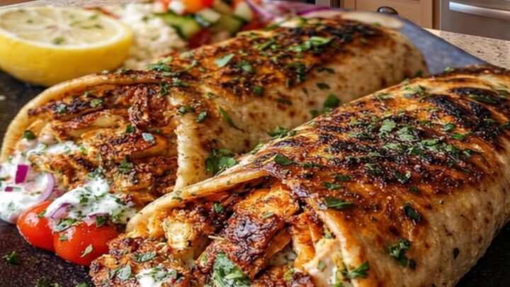 Two charred flatbread wraps filled with spiced chicken, fresh tomatoes, red onion, and creamy garlic sauce on a dark platter.