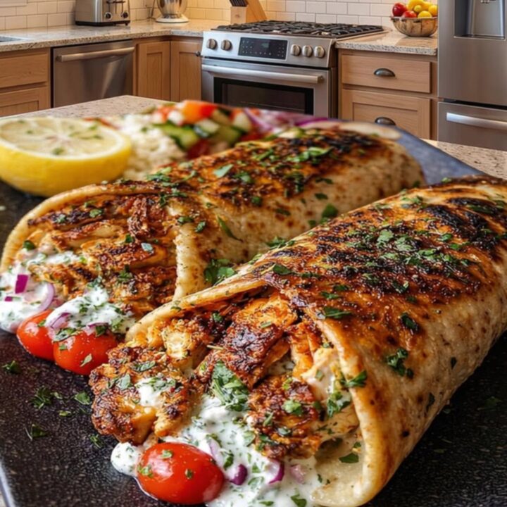 Two charred flatbread wraps filled with spiced chicken, fresh tomatoes, red onion, and creamy garlic sauce on a dark platter.